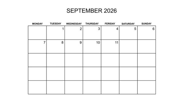 Blank printable monthly calendar planner template for September 2026 with clean grid layout and weekday headers for scheduling and organization.