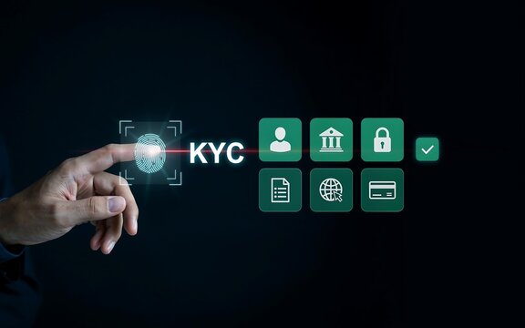Finger touching digital biometric scanner interface with kyc text and glowing security icons
