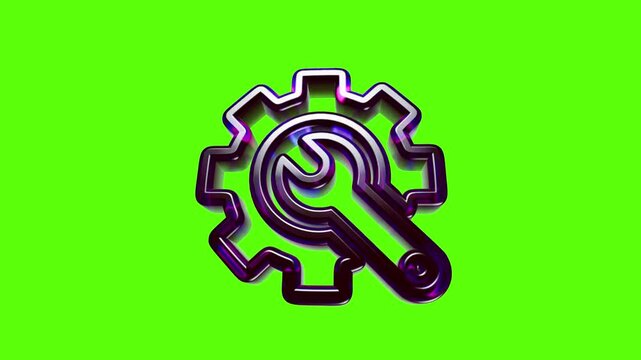 Metallic gear and wrench icon with a shiny dark finish isolated on a vibrant bright green background