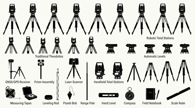 Surveying equipment icon set vector total station tripod line collection