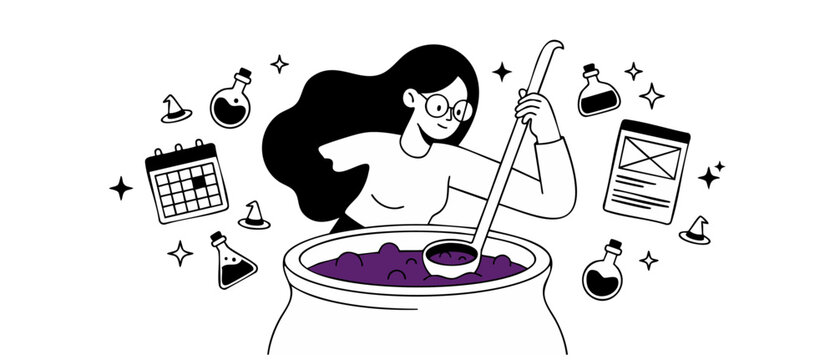 Witch stirring potion magic cauldron creating digital marketing strategy, web design, and project planning workflow with minimalist black and purple line art illustration concept for business.