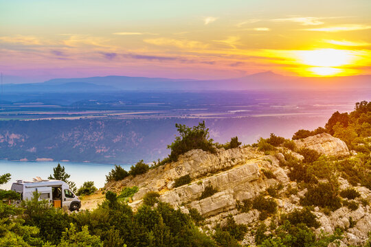 Camping car at lake Sainte Croix in Verdon Gorge, France