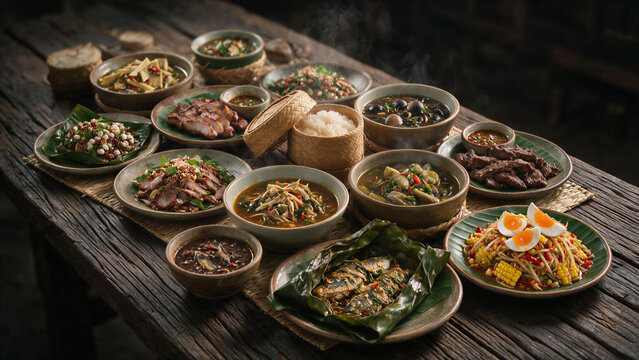 Thai Isan food set with sticky rice, Gaeng om, bamboo shoot soup, nam tok, pork larb, grilled beef, Gaeng Pler, fermented fish, ant egg salad, mushroom curry, and corn som tam on wood texture