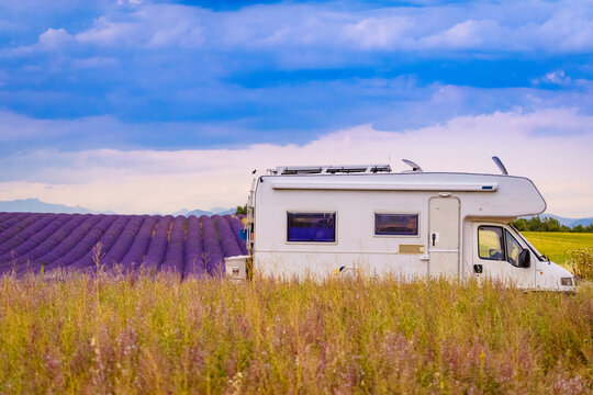 Motorhome camping at blooming purple lavender field in Provence France