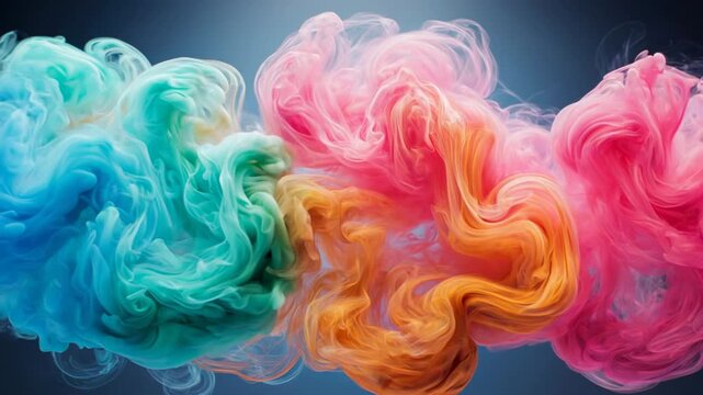 Vibrant swirling colored smoke streams in slow motion against a dark blue background creating abstract fluid art