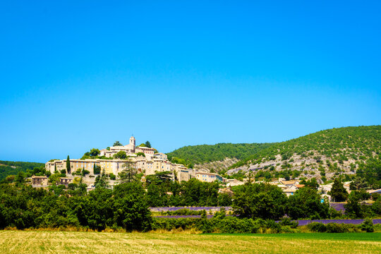 Summer view with Provence hilltop Banon village. Alpes-de-Haute-Provence in France