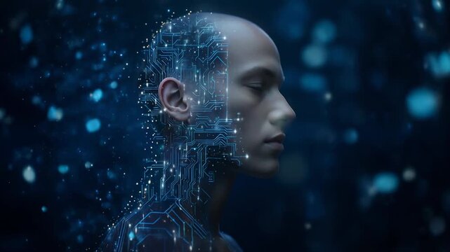 Man's head dissolving into digital particles against dark background with subtle blue light