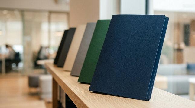 A row of textured cardstock presentation folders in navy blue, forest green, grey, and beige standing on a light wood shelf in a blurred modern office interior workspace.