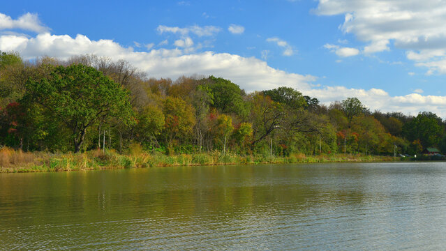 An early autumn landscape by the lakeside. Clouds in the blue sky and a forest turning ochre.