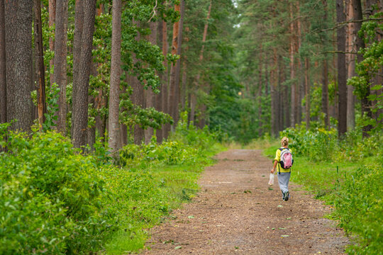 forest trail with person carrying backpack