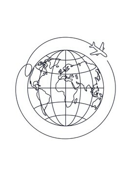 Minimalist continuous line art drawing of a globe earth with an airplane flying around it airplane geography