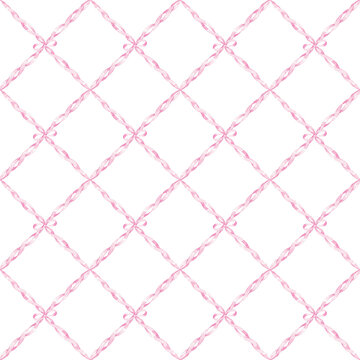 Watercolor Pink Ribbon Bow Lattice Seamless Pattern, Feminine Coquette Background