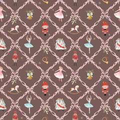 Naklejka premium Christmas Nutcracker Ballet Watercolor Pattern with Ballerina, Toy Soldier and Rocking Horse