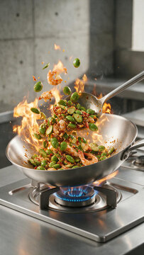 Thai stir-fried shrimp with bitter, aromatic stink beans, chili, garlic, and savory sauce, fried in a traditional iron wok with a soup ladle, evoking an authentic Thai kitchen.