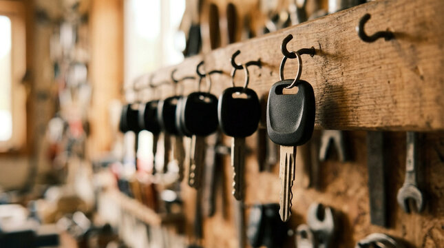 Row of black plastic headed car keys hanging on metal hooks attached to a wooden beam in an automotive workshop, with blurred mechanical tools and wrenches in the background.