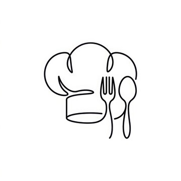 Minimalist continuous line drawing of a chef hat accompanied by a fork and spoon with restaurant