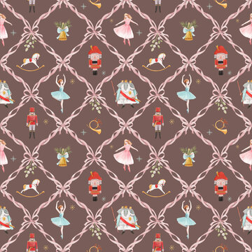Christmas Nutcracker Ballet Watercolor Pattern with Ballerina, Toy Soldier and Rocking Horse