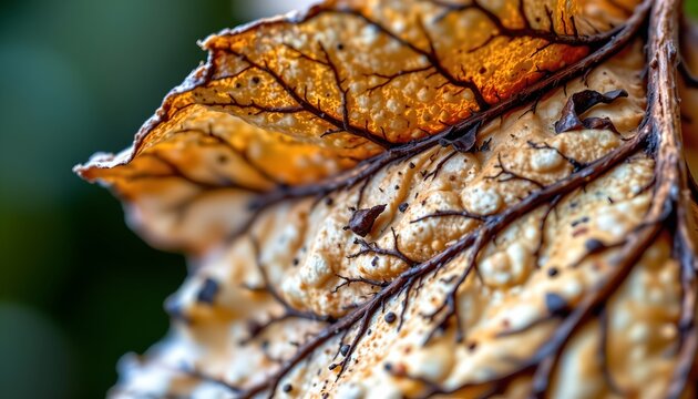 The image shows a close up of a withered leaf displaying intricate details of its decay. The leaf's surface is textured, with patches of brown, cream, and dark veins prominently visible