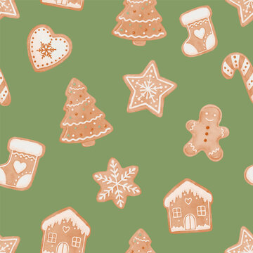 Watercolor Seamless Christmas Gingerbread Cookie Pattern with Tree, Man, House and Candy Cane