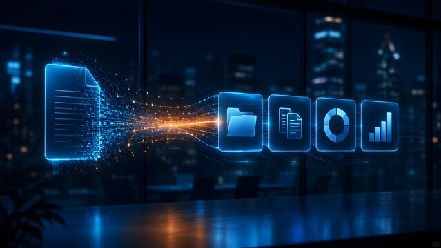 Digital file transfer process showing document converting into data streams connected to folders and analytics on desk