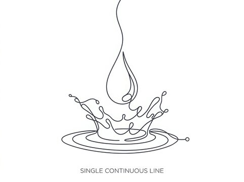 Single continuous line drawing of a water drop splashing and creating ripples with continuous monochrome abstract