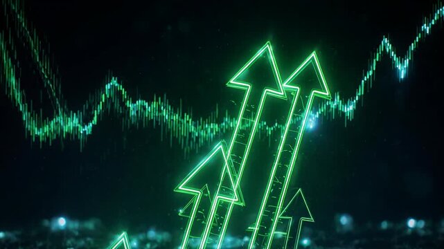 Green arrow graphs ascend over a city skyline during a financial market upswing with digital data streams