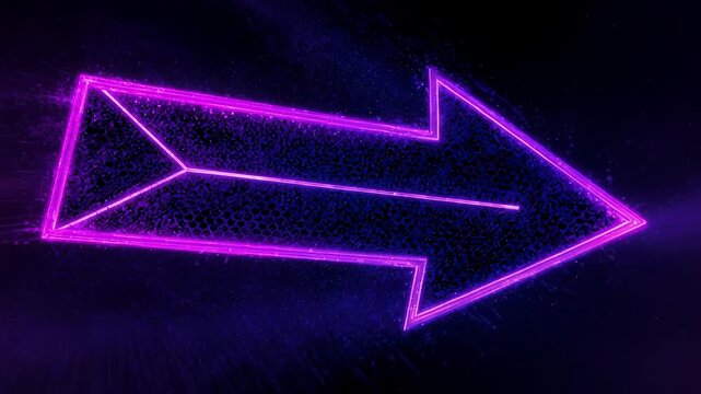 Neon arrow pulsing with purple light against smoky dark background seamless motion graphic