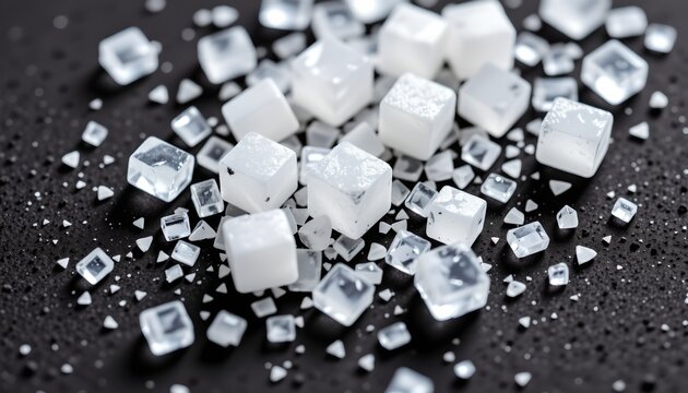 The image features an assortment of white and transparent cubic objects scattered across a dark, textured surface