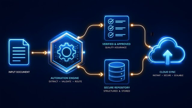 AI automation engine infographic extracting validating and routing input documents to secure cloud repository