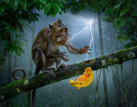 A wild monkey in the jungle drops its fruit in surprise upon hearing a loud thunderclap during a tropical storm.