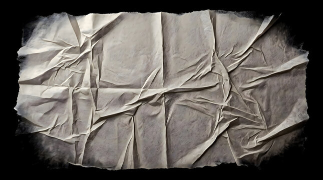 Crinkled paper texture with torn edges is displayed against a dark solid background crumpled creased wrinkled ripped fragmented distressed
