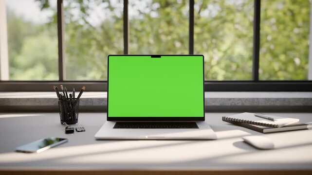 Laptop Frameless with Green Screen on Office Desk in Minimalistic Sunny Interior - Static Front View Looped Video