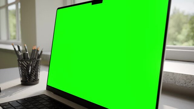 Laptop with Green Screen Mockup on Desk in Minimalistic Bright Office Interior - Perspective View