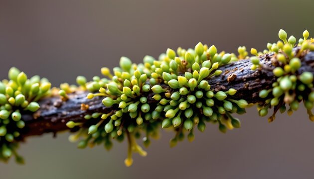 The image depicts a close up view of a slender branch covered in tiny, vibrant green buds. The buds are densely clustered along the length of the branch, which appears dark and slightly textured