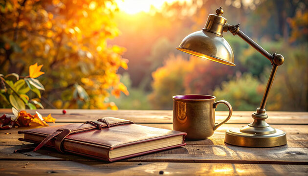 Vintage desk lamp and leather journal on a wooden table with autumn foliage background, perfect for a cozy fall reading concept.