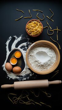High contrast food photography composition with raw pasta flour and eggs on dark background
