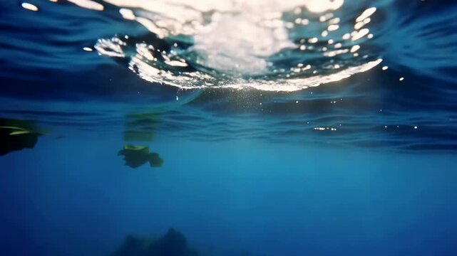 Air bubbles ascend from ocean depths towards sunlit surface with coral reef below