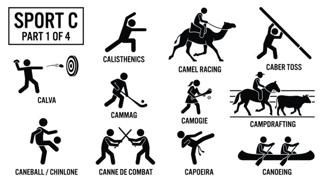 Sport icons collection displaying various athletic activities in a professional minimalist vector black and white style