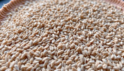 Obraz premium The image shows a large, shallow container filled with a generous amount of dried grains. The grains are light beige in color, uniformly shaped, and have a slightly pointed, elongated form