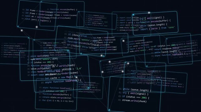 Abstract AI Software Architecture with Interconnected Code Windows and Data Flow, Futuristic Programming UI Motion Graphics Loop