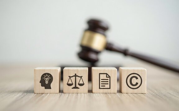Wooden blocks with icons for intellectual property copyright law and justice with gavel background