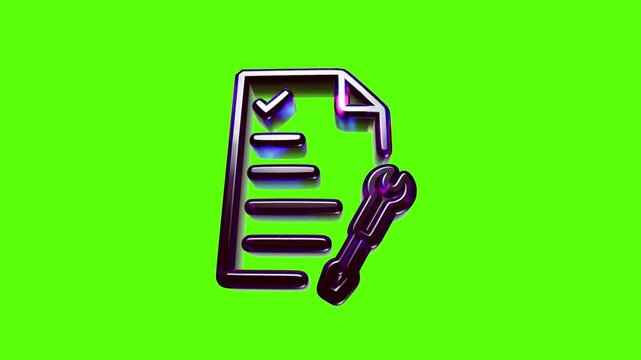 Purple 3d metallic icon of a document paper sheet with a check mark and a wrench tool symbol