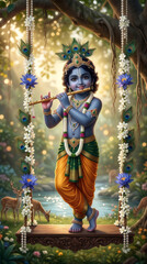 Fototapeta premium Lord Krishna Playing Flute on Swing in Forest Illustration