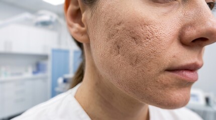 Fototapeta premium Close-up of a woman's facial skin showing prominent acne scars and texture, indicating a dermatological concern.