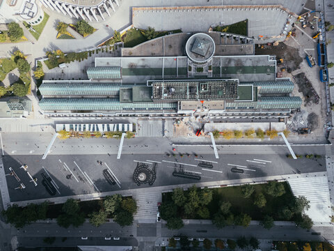 Drone flight in the downtown city skyline, foggy daytime view of Montreal, Quebec, Canada