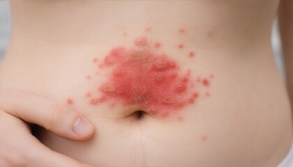 Fototapeta premium Close-up shows a red shingles rash with blisters surrounding a person's navel and abdomen