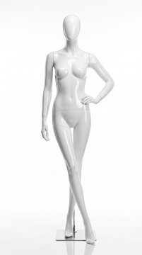 Maniqu&iacute; femenino blanco brillante en una pose de pasarela editorial de alta costura