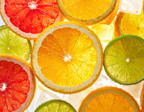 Colorful orange grapefruit lemon and lime slices viewed from above