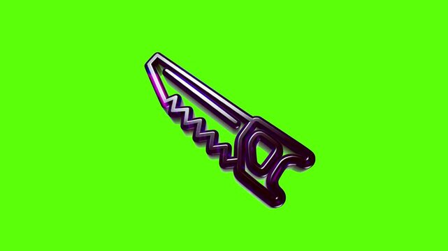 Purple hand saw icon with a thick outline isolated on a bright green background for construction design