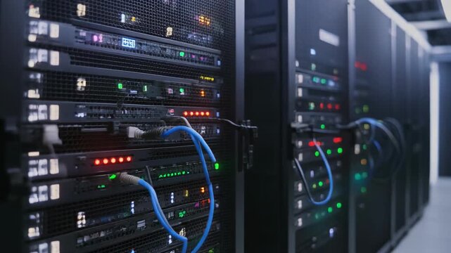 Server racks with blinking lights in a data center environment with cinematic motion